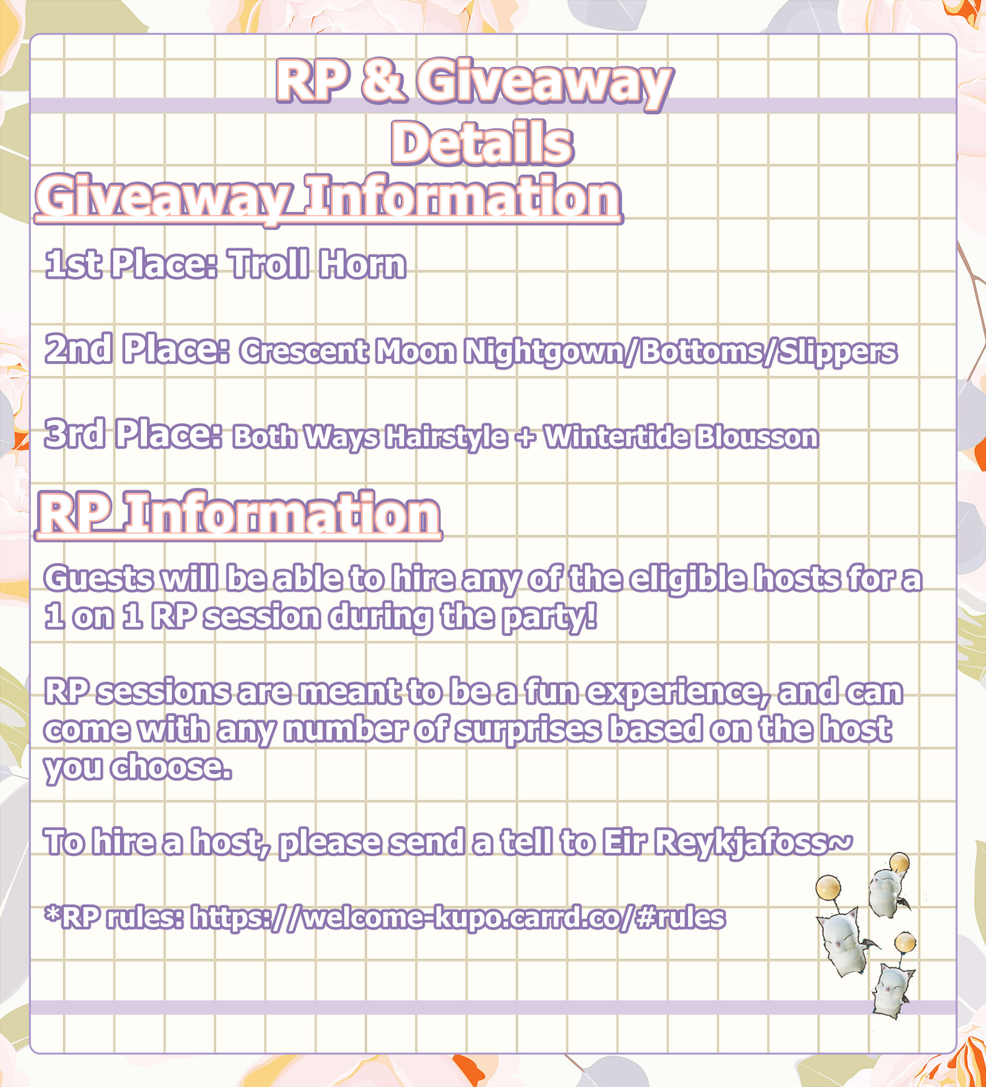 RP & Giveaway Details Information: 1st place: Troll Horn 2nd place: Crescent Moon Nightgown/Bottoms/Slippers 3rd place: Both Ways Hairstyle + Wintertide Blousson