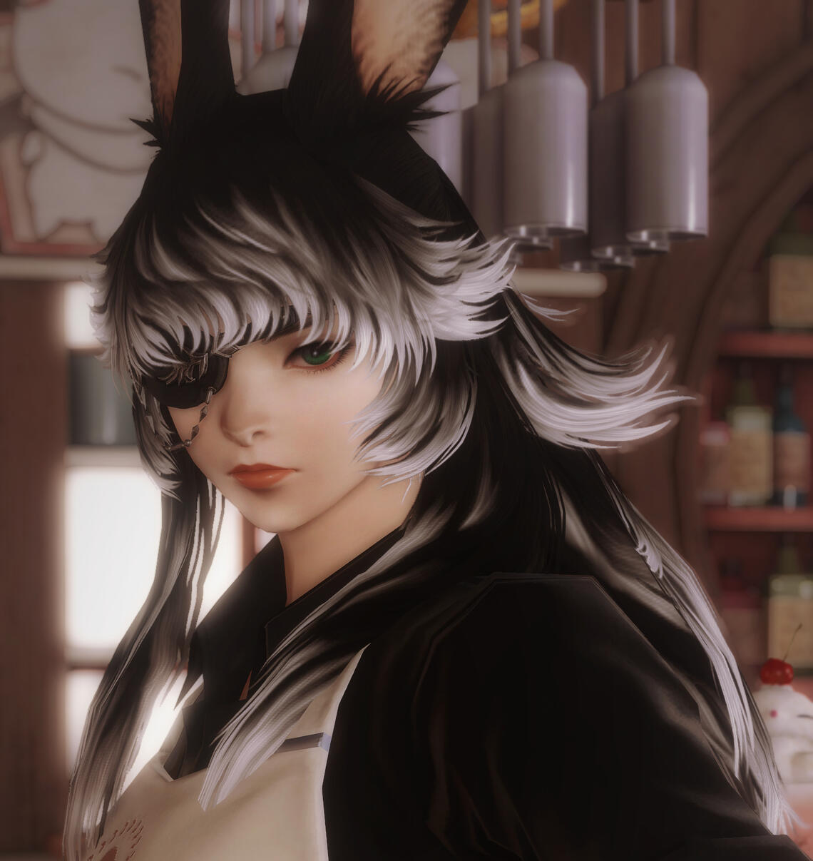 A serious Viera woman with an eyepatch.
